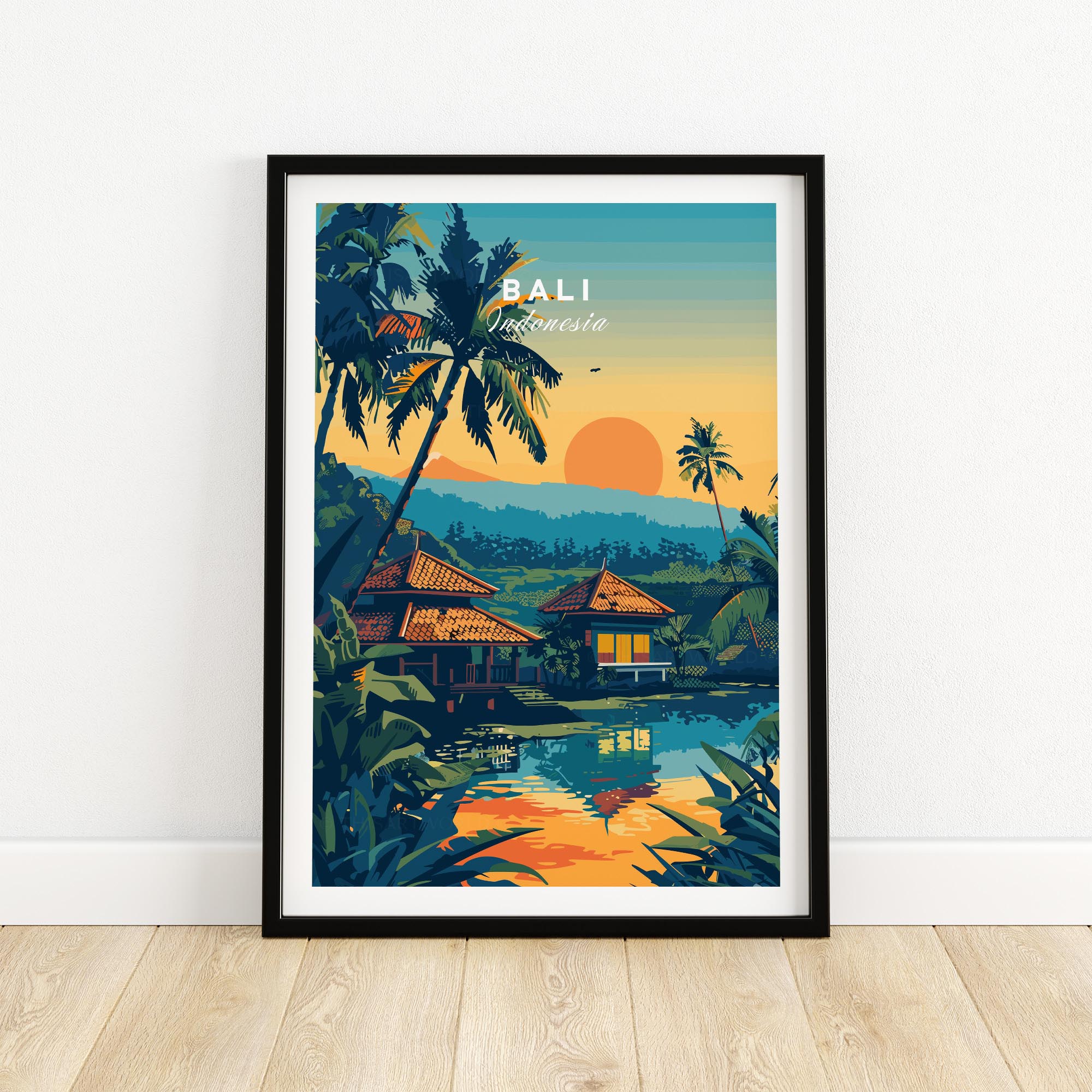 Bali Travel Print featuring vibrant sunset and tropical scenery in Indonesia, perfect for home decor.