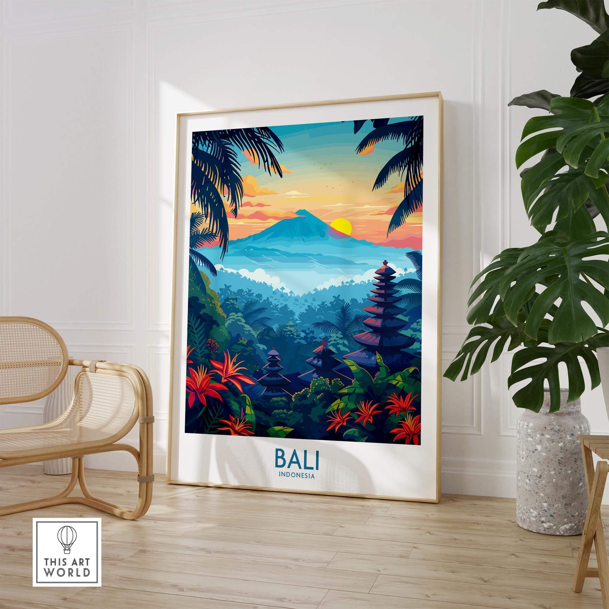 Bali Wall Art Print featuring a vibrant landscape with mountains and tropical foliage in a cozy home setting.