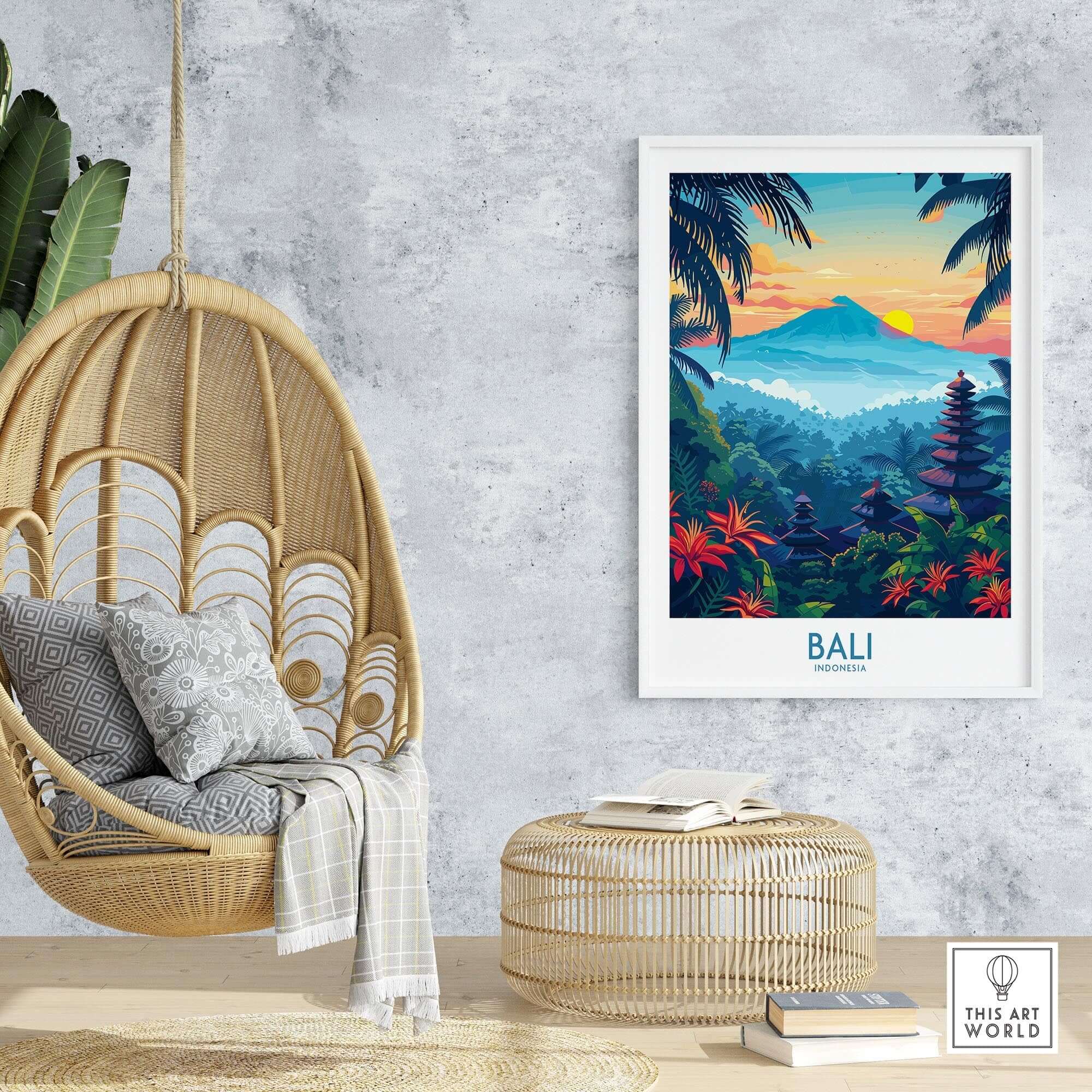 Bali Wall Art Print featuring vibrant colors and intricate designs of Bali's landscape in a cozy home setting.