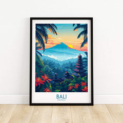 Bali Wall Art Print featuring vibrant scenery of Bali, Indonesia with mountains and tropical plants.