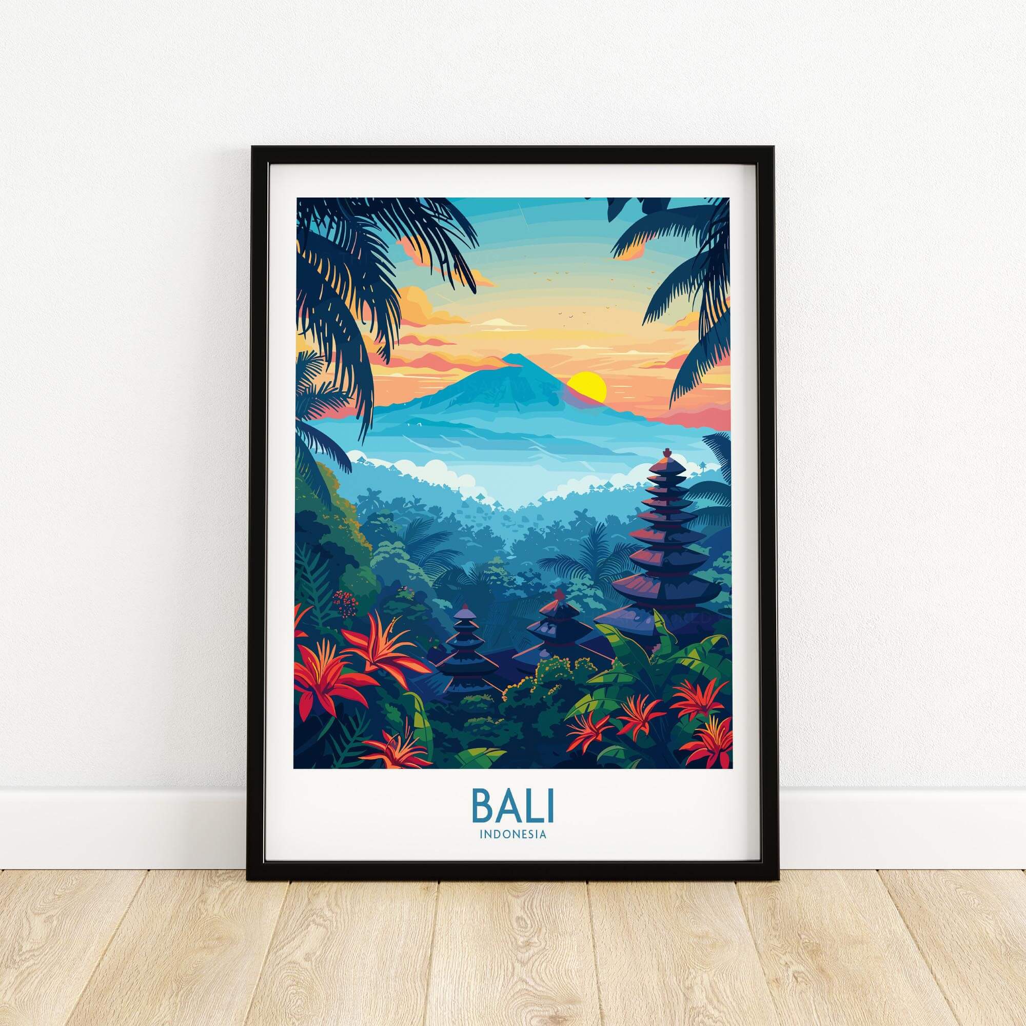 Bali Wall Art Print featuring vibrant scenery of Bali, Indonesia with mountains and tropical plants.