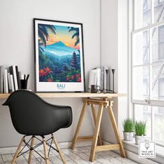 Bali Wall Art Print displayed in a modern workspace, featuring vibrant colors and tropical designs.
