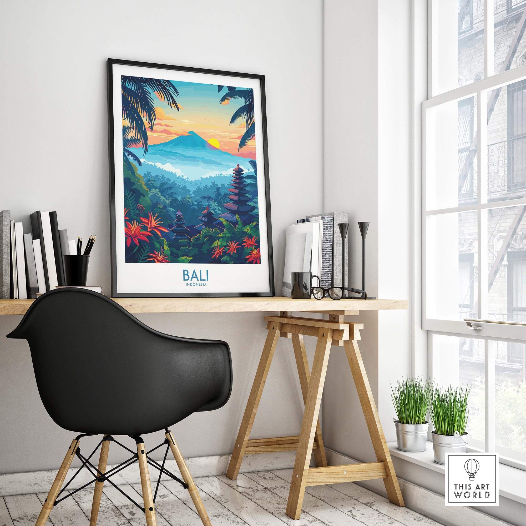 Bali Wall Art Print displayed in a modern workspace, featuring vibrant colors and tropical designs.