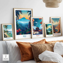 Bali Wall Art Print displayed among other travel prints in a stylish home setting with vibrant colors and intricate designs.