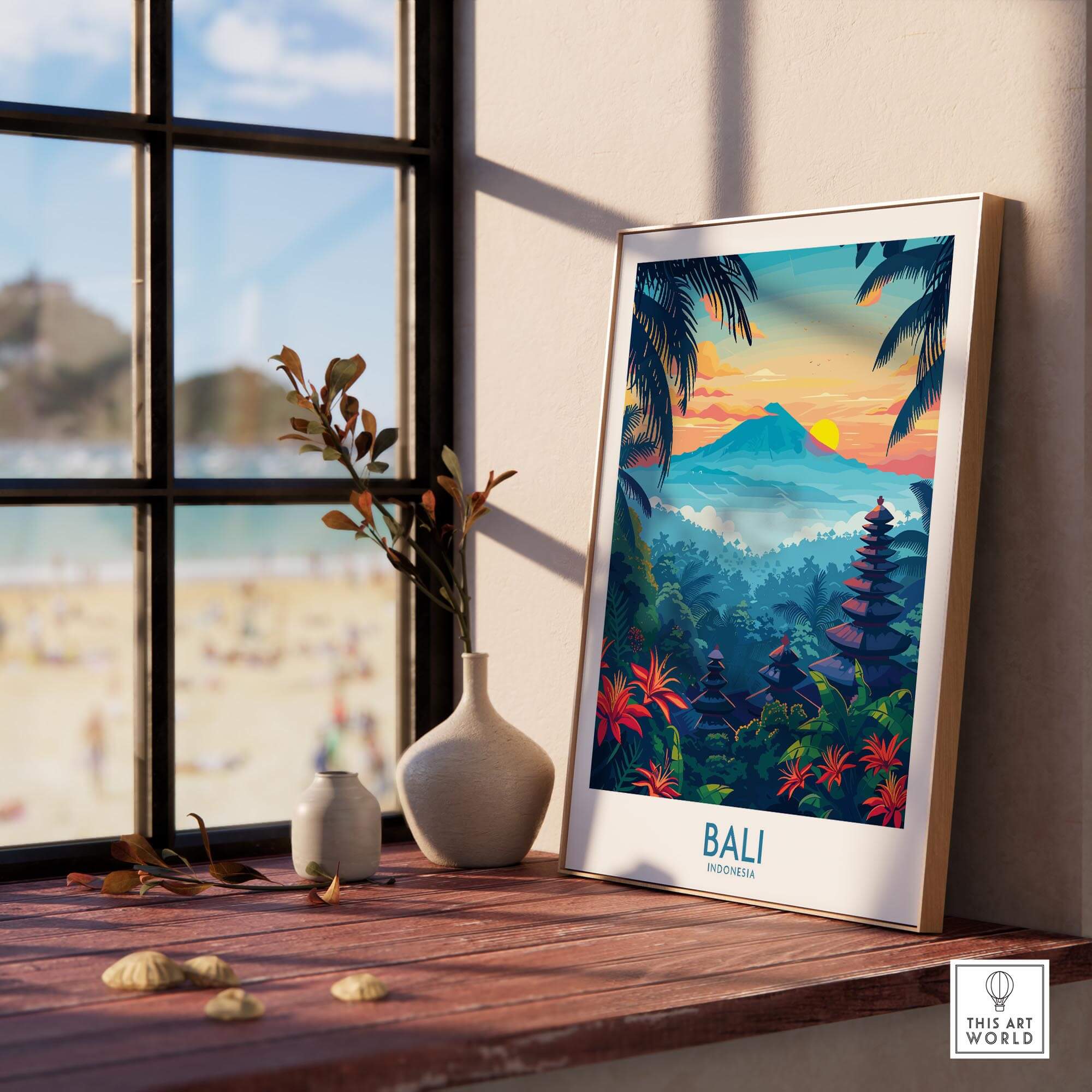 Bali Wall Art Print displayed in a cozy home setting near a window, showcasing vibrant colors and intricate designs.