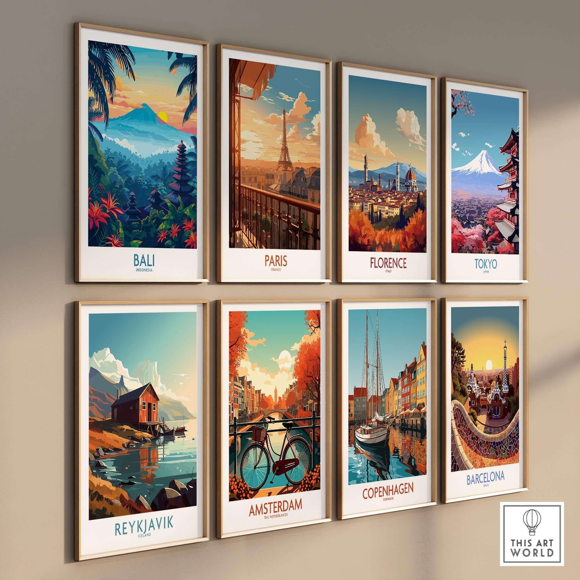 Bali Wall Art Print displayed among travel-themed art prints from various cities.