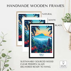 Handmade wooden frames in natural, white, and black for Bali Wall Art Print, sustainably sourced wood, ready to hang.