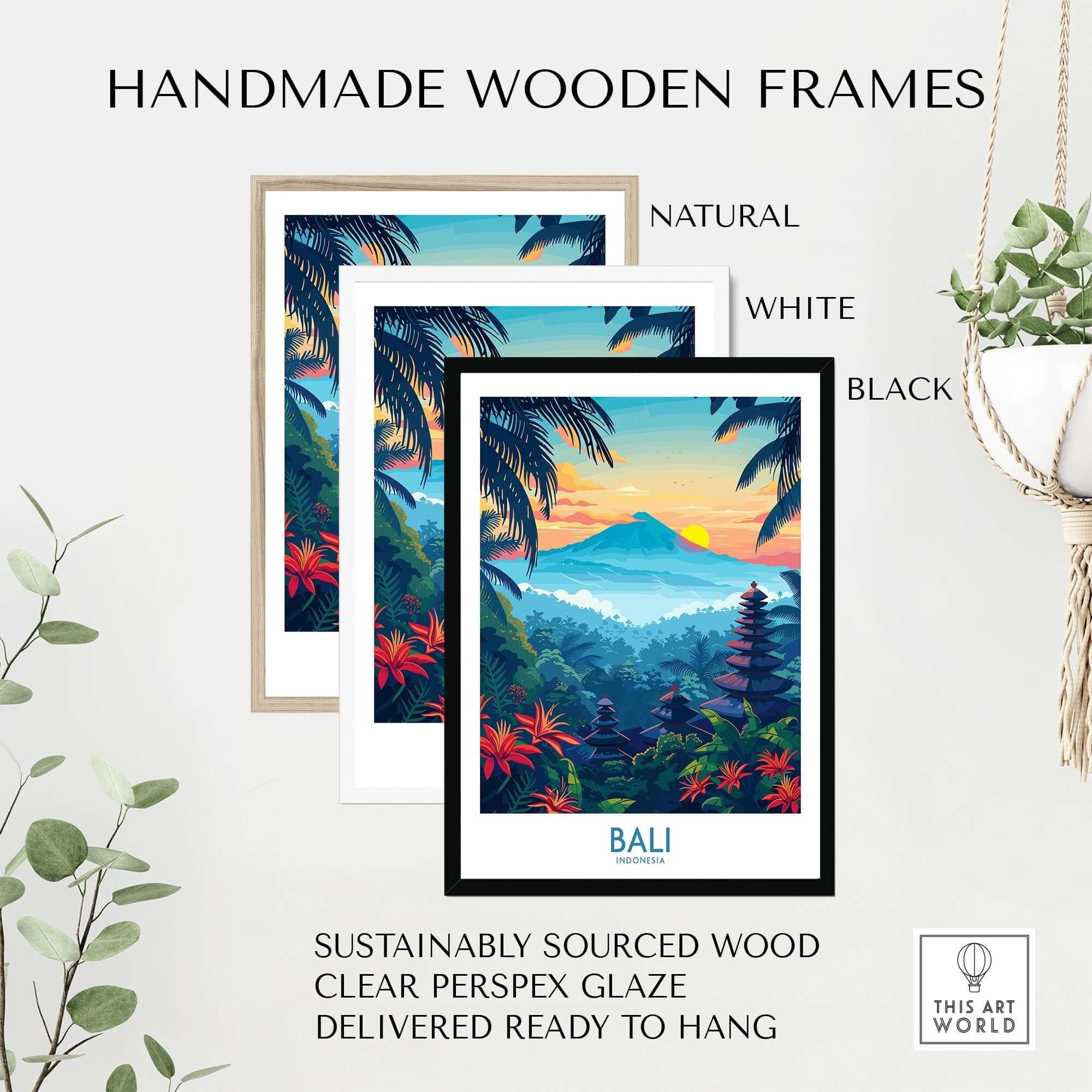Handmade wooden frames in natural, white, and black for Bali Wall Art Print, sustainably sourced wood, ready to hang.
