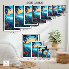 Bali Wall Art Print - Spiritual Poster size guide showcasing various frame sizes and dimensions for the Bali print.