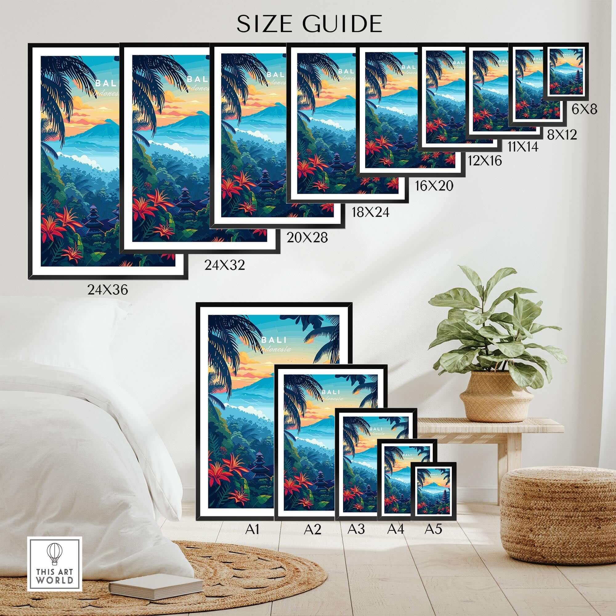 Bali Wall Art Print - Spiritual Poster size guide showcasing various frame sizes and dimensions for the Bali print.