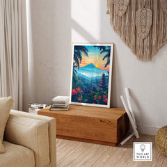 Bali Wall Art Print - Spiritual Poster displayed in a cozy living room with tropical decor.