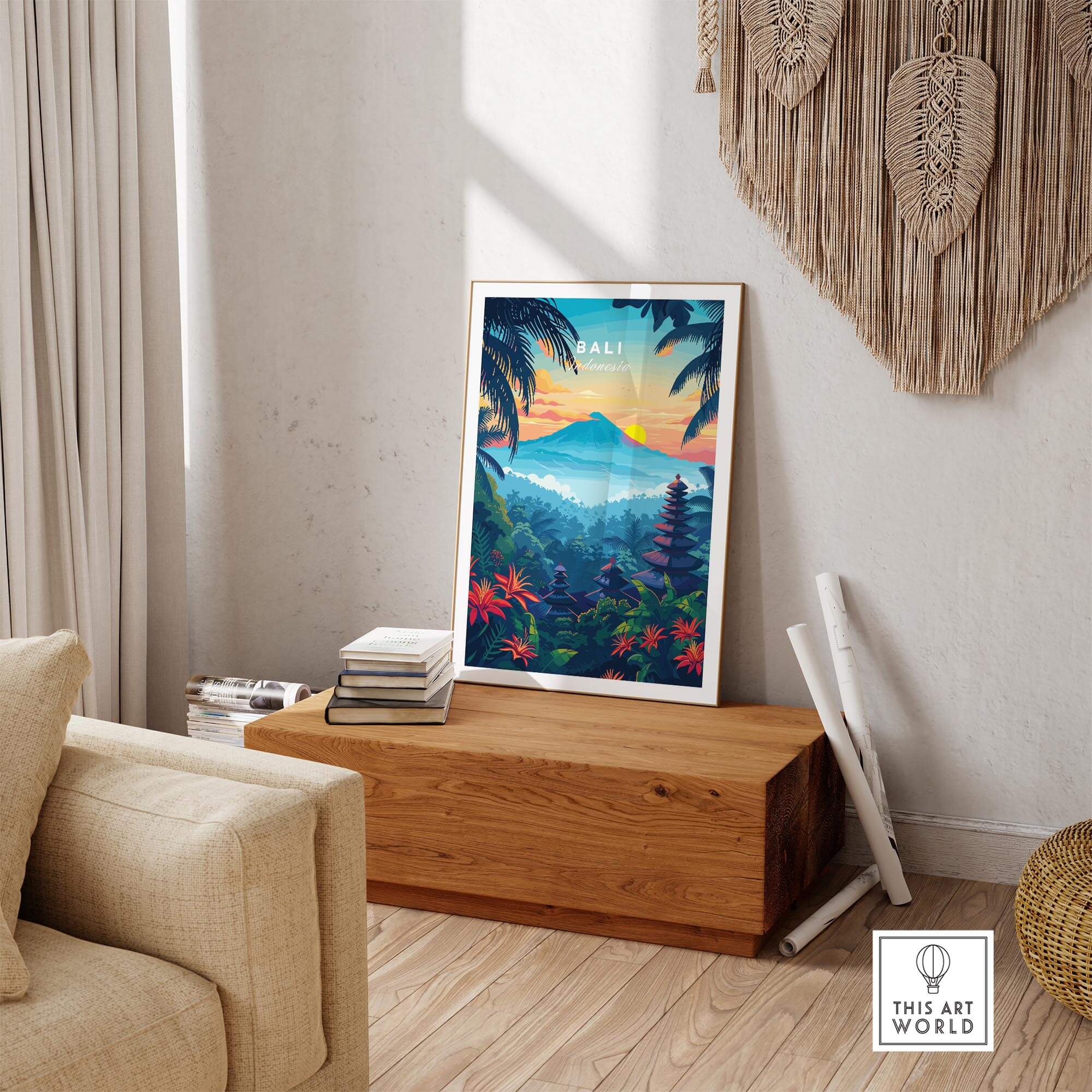 Bali Wall Art Print - Spiritual Poster displayed in a cozy living room with tropical decor.