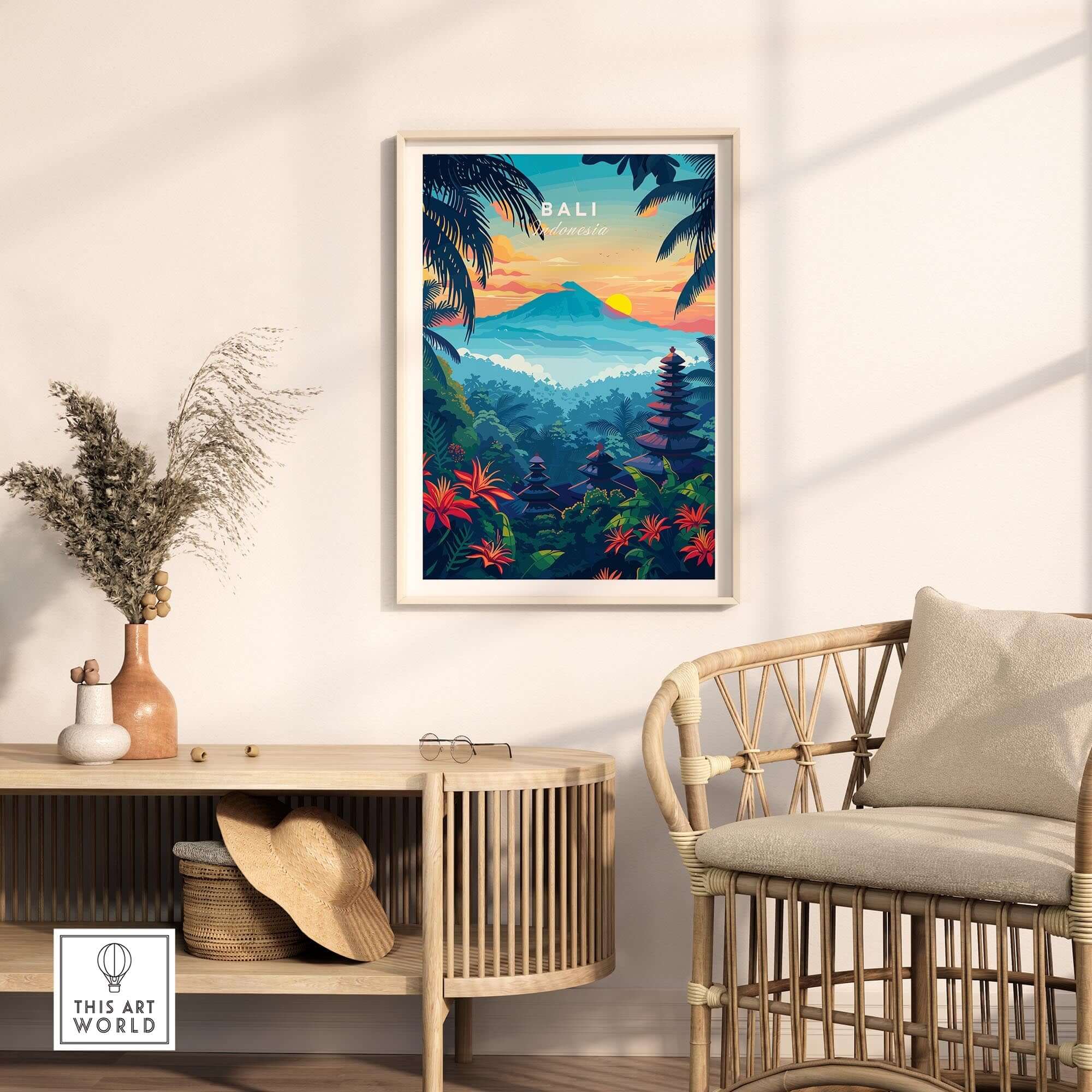 Bali Wall Art Print - Spiritual Poster showcasing a vibrant tropical landscape with mountains and lush greenery.
