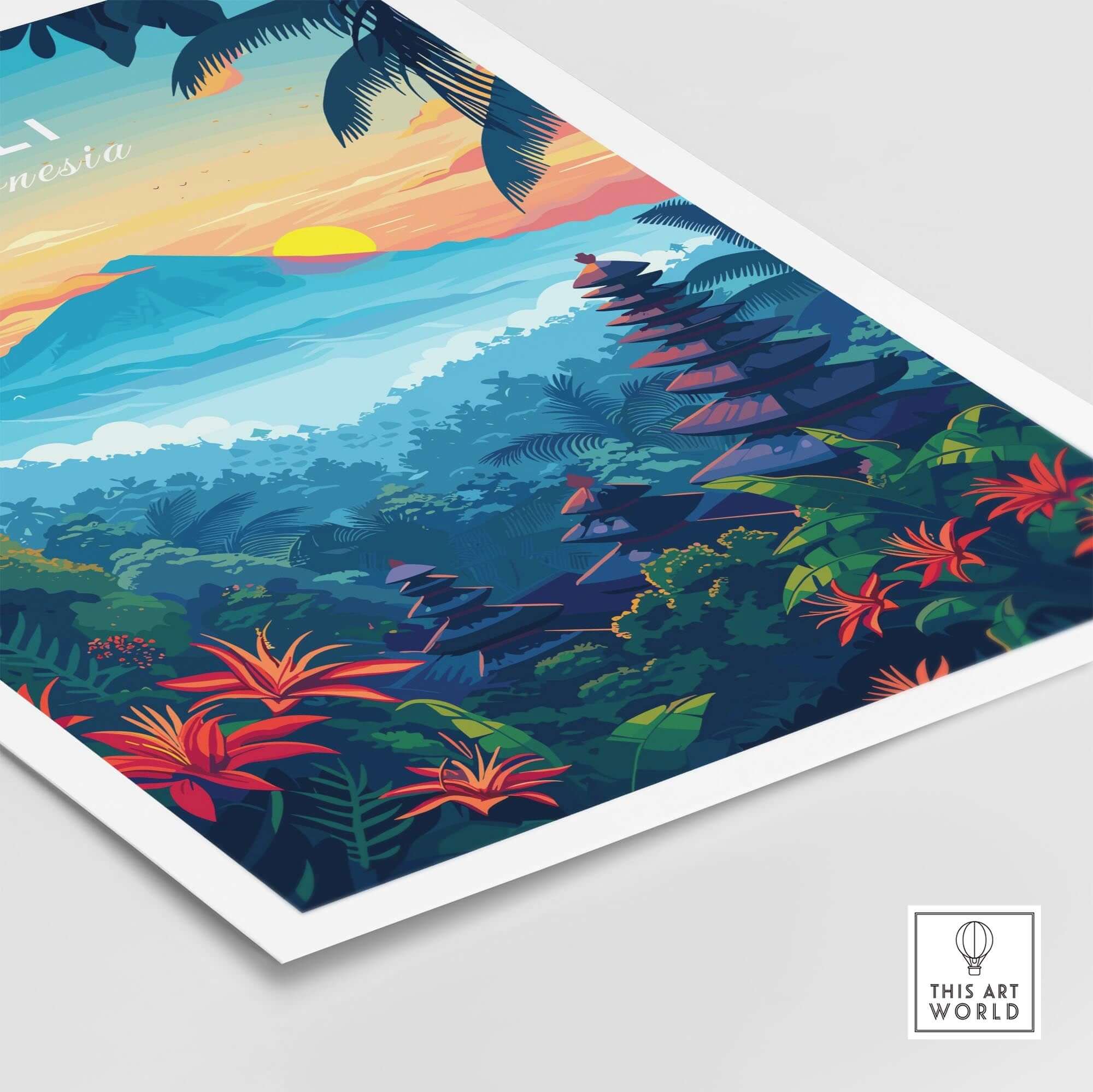 Bali Wall Art Print - Spiritual Poster showcasing vibrant Indonesian landscape with tropical plants and sunset.