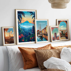 Bali Wall Art Print - Spiritual Poster showcased among other travel posters, enhancing a stylish interior decor.
