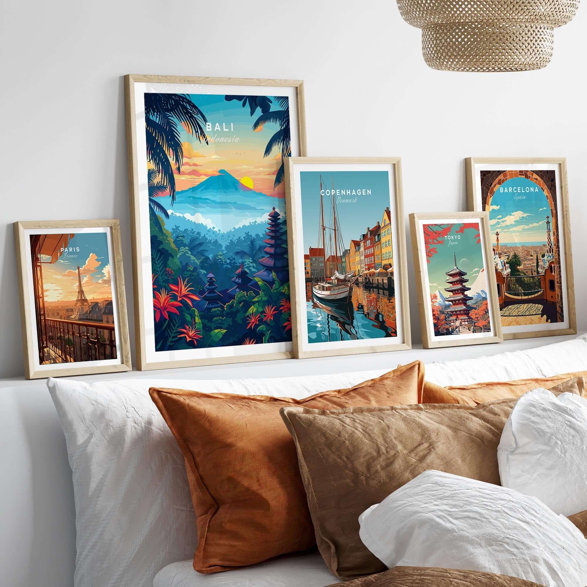 Bali Wall Art Print - Spiritual Poster showcased among other travel posters, enhancing a stylish interior decor.