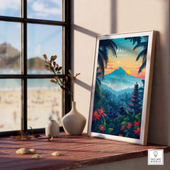 Bali Wall Art Print - Spiritual Poster displayed near a beach window with tropical landscape backdrop.