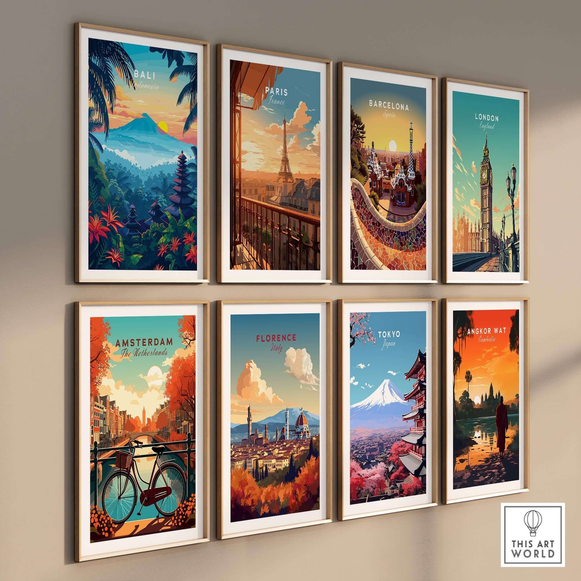 Bali Wall Art Print - Spiritual Poster displayed among other travel posters, showcasing vibrant cityscapes and cultures.