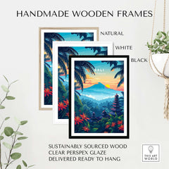 Bali Wall Art Print - Spiritual Poster framed in natural, white, and black handmade wooden frames.