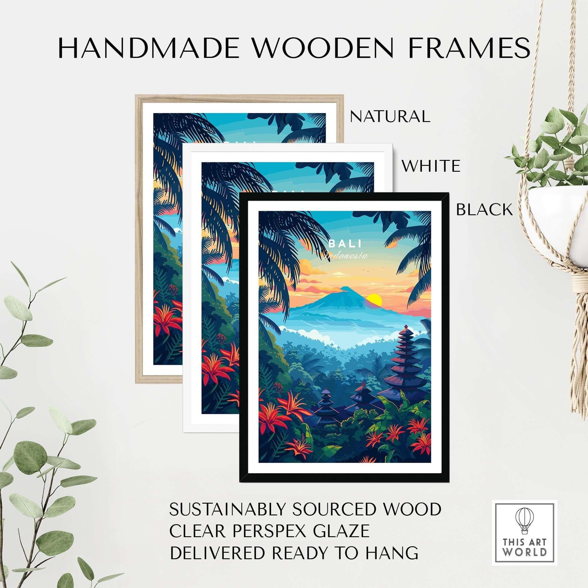 Bali Wall Art Print - Spiritual Poster framed in natural, white, and black handmade wooden frames.