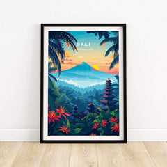 Bali Wall Art Print - Spiritual Poster showcasing vibrant Indonesian landscape with mountains and tropical plants.