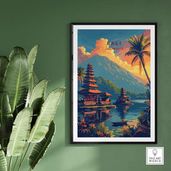 Bali Wall Art Print - Sunset illustration showcasing tropical scenery and vibrant colors of Bali, Indonesia.