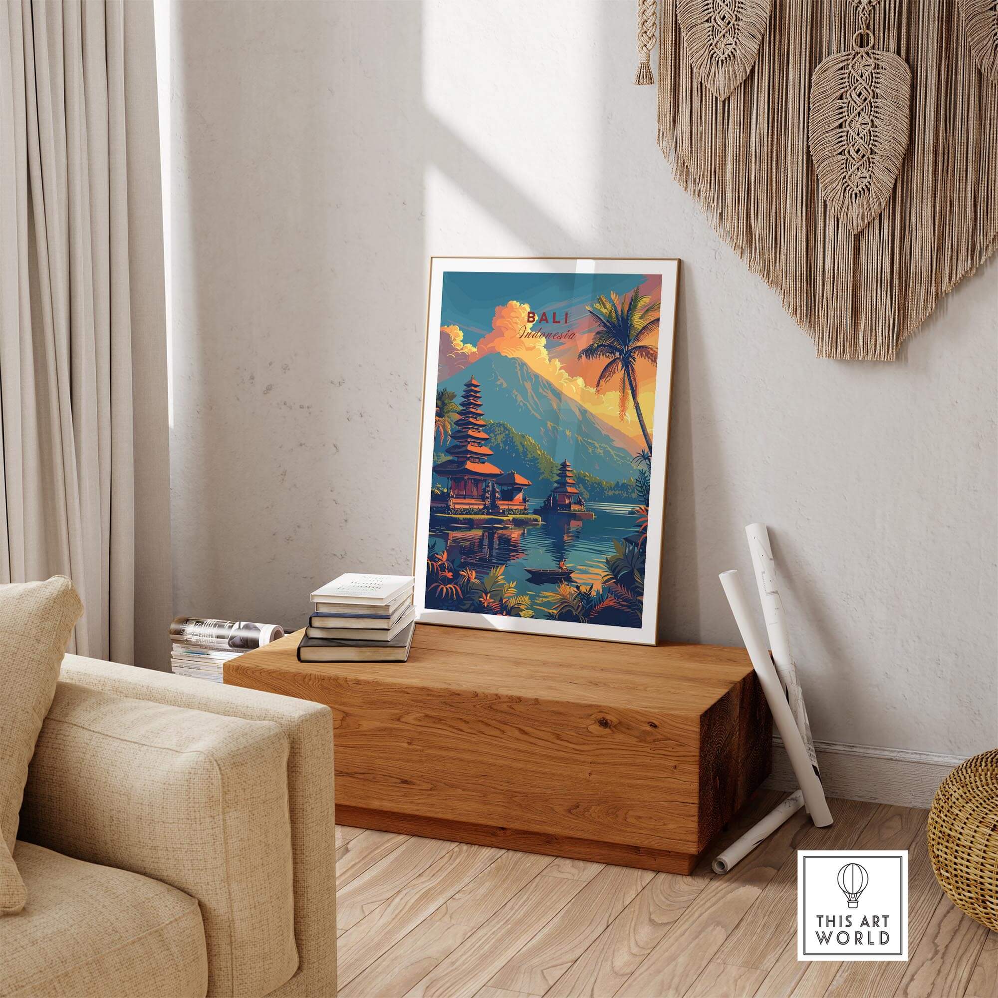 Bali Wall Art Print - Sunset displayed in a bright, stylish living room, capturing the beauty of Indonesian landscapes.