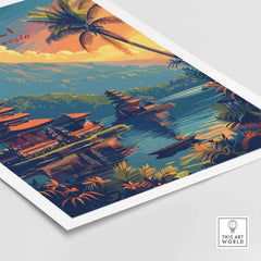 Bali Wall Art Print - Sunset featuring vibrant colors of Indonesian landscape with palm trees and traditional architecture.