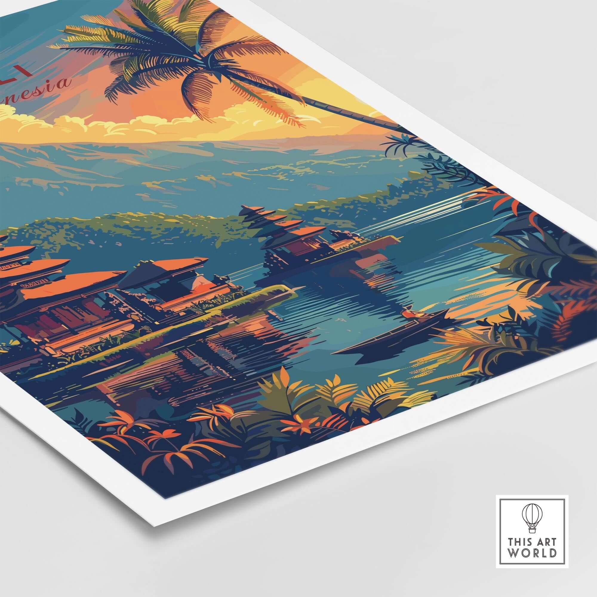 Bali Wall Art Print - Sunset featuring vibrant colors of Indonesian landscape with palm trees and traditional architecture.