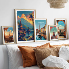 Bali Wall Art Print - Sunset displayed among various travel posters in a stylish home decor setting.