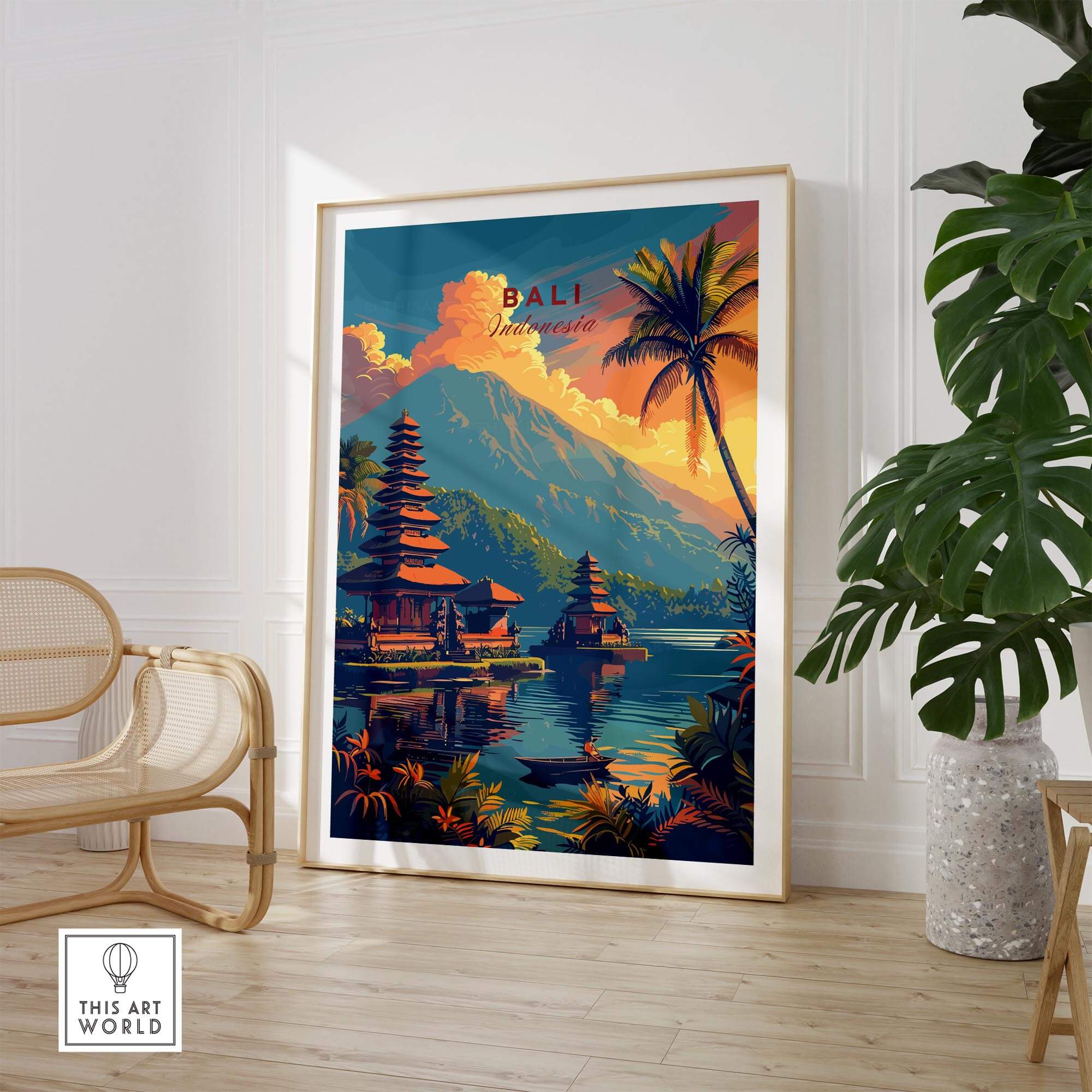 Bali Wall Art Print - Sunset showcasing vibrant colors and exotic beauty of Bali in a stylish home setting.