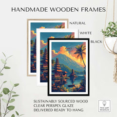 Bali Wall Art Print - Sunset displayed in handmade wooden frames, showcasing natural, white, and black options.