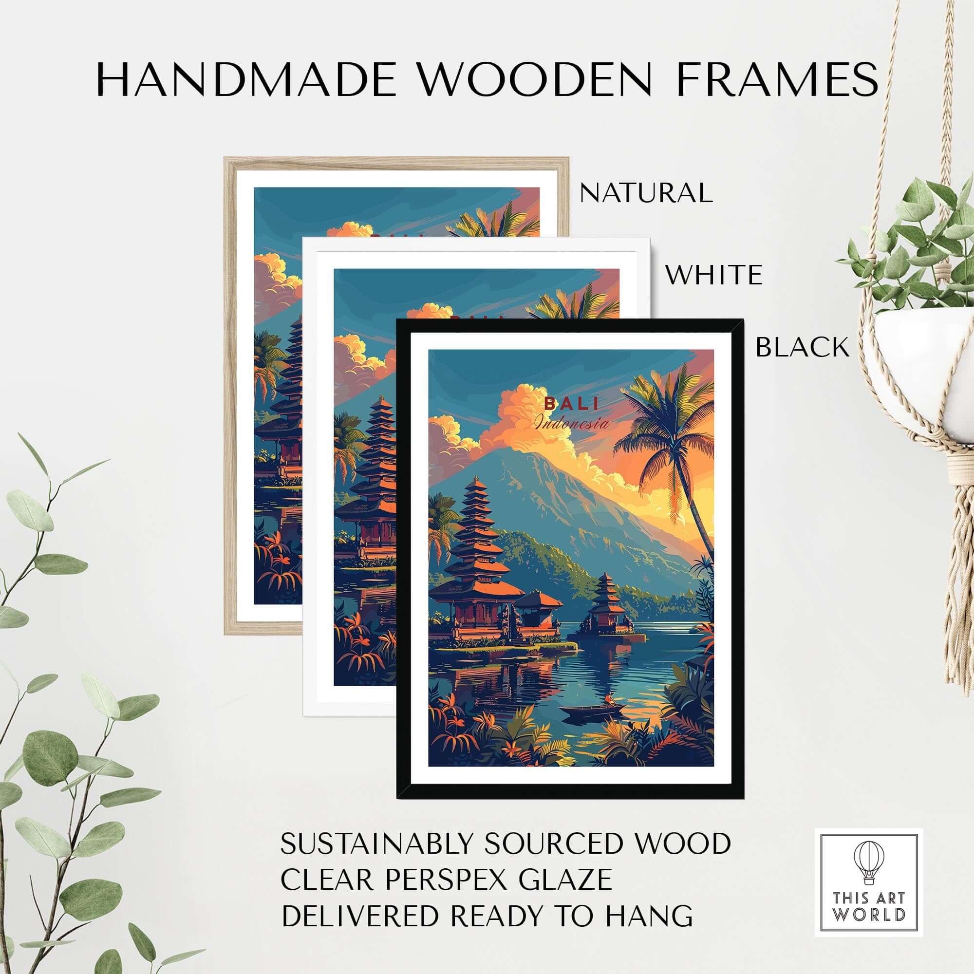 Bali Wall Art Print - Sunset displayed in handmade wooden frames, showcasing natural, white, and black options.