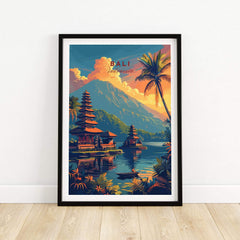 Bali Wall Art Print - Sunset featuring vibrant tropical scenery and iconic Balinese structures.