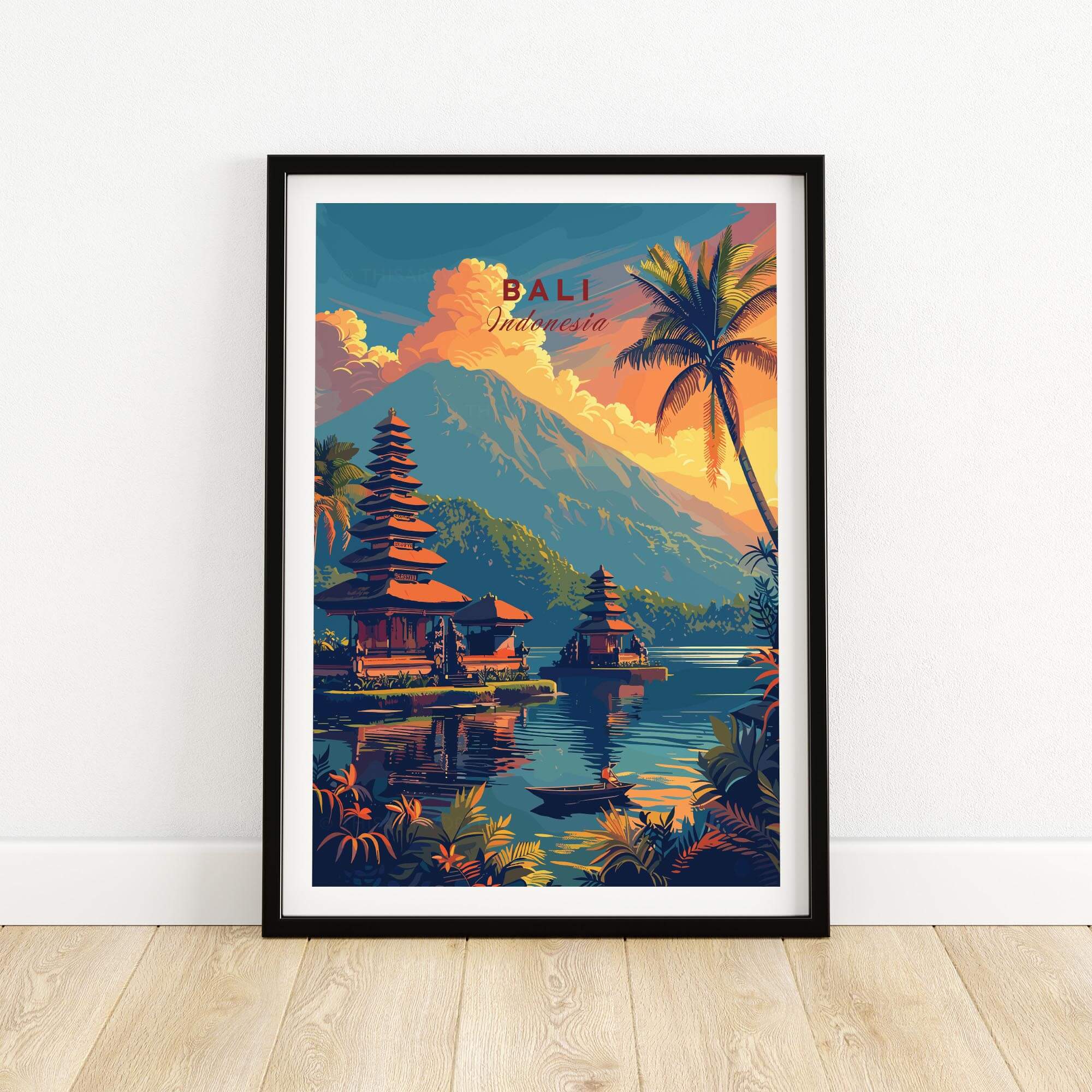 Bali Wall Art Print - Sunset featuring vibrant tropical scenery and iconic Balinese structures.