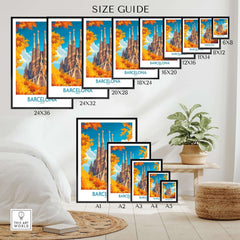 Barcelona Travel Poster size guide with various frame sizes and Sagrada Familia design.
