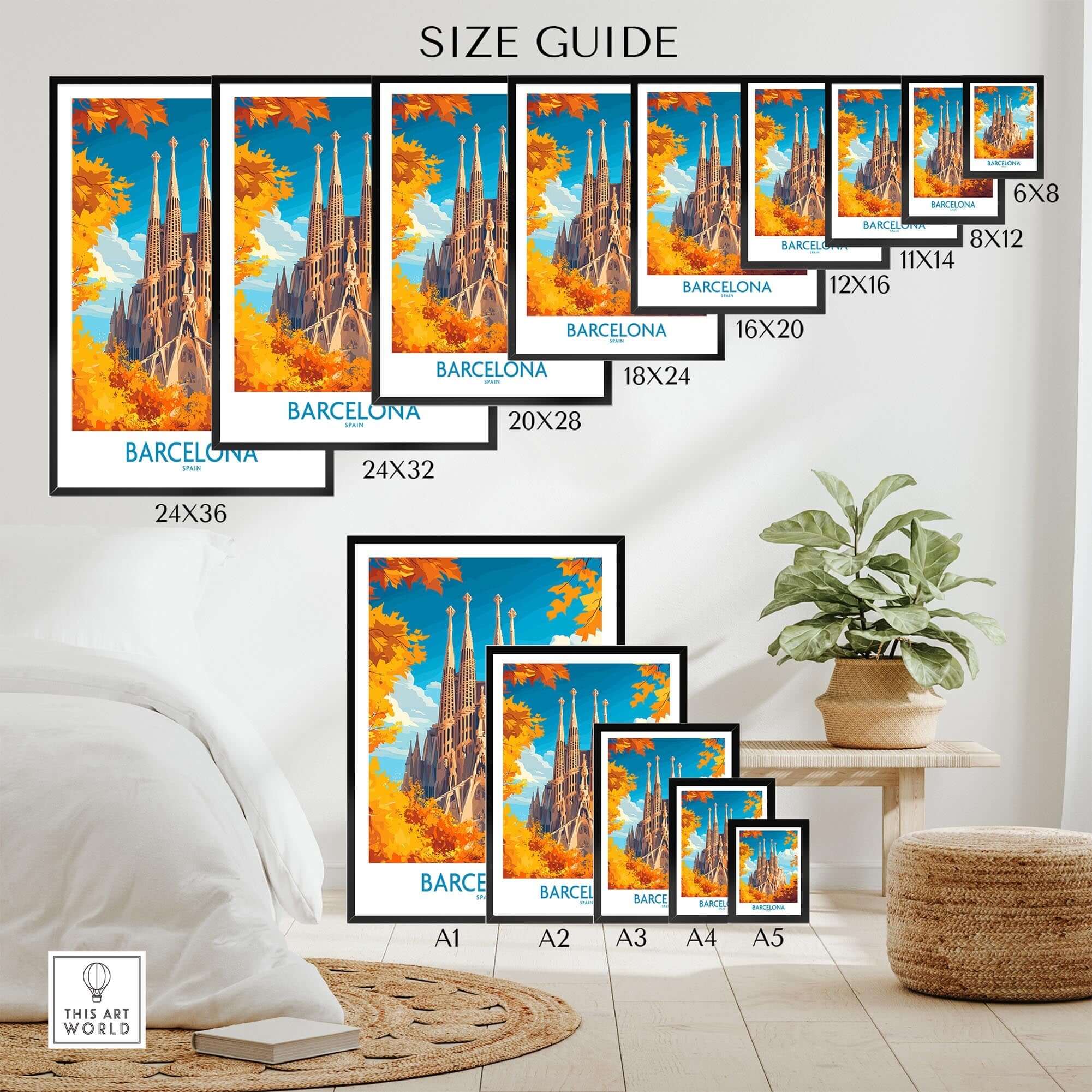 Barcelona Travel Poster size guide with various frame sizes and Sagrada Familia design.