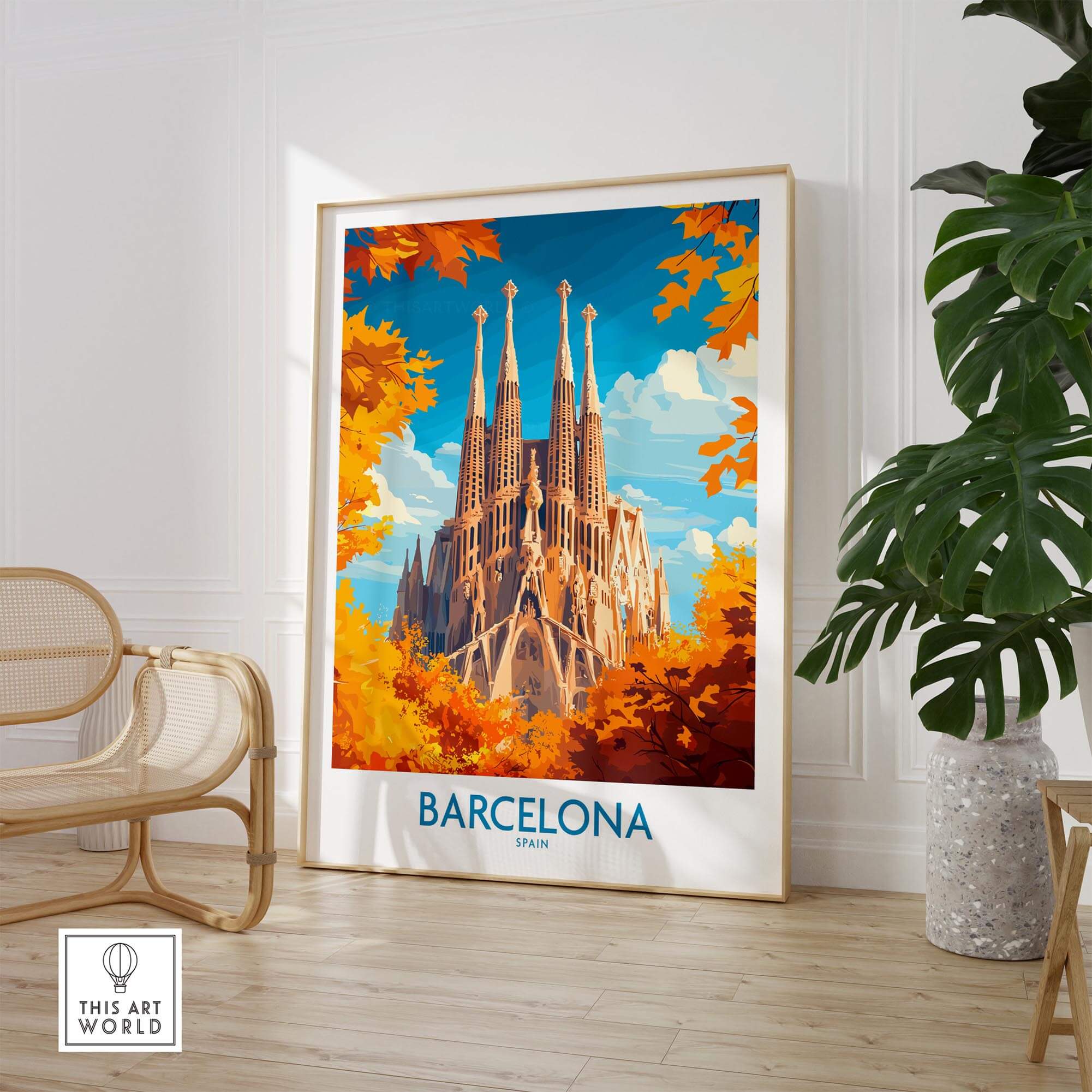 Barcelona Travel Poster showcasing Sagrada Familia in vibrant autumn colors for a charming wall decor.