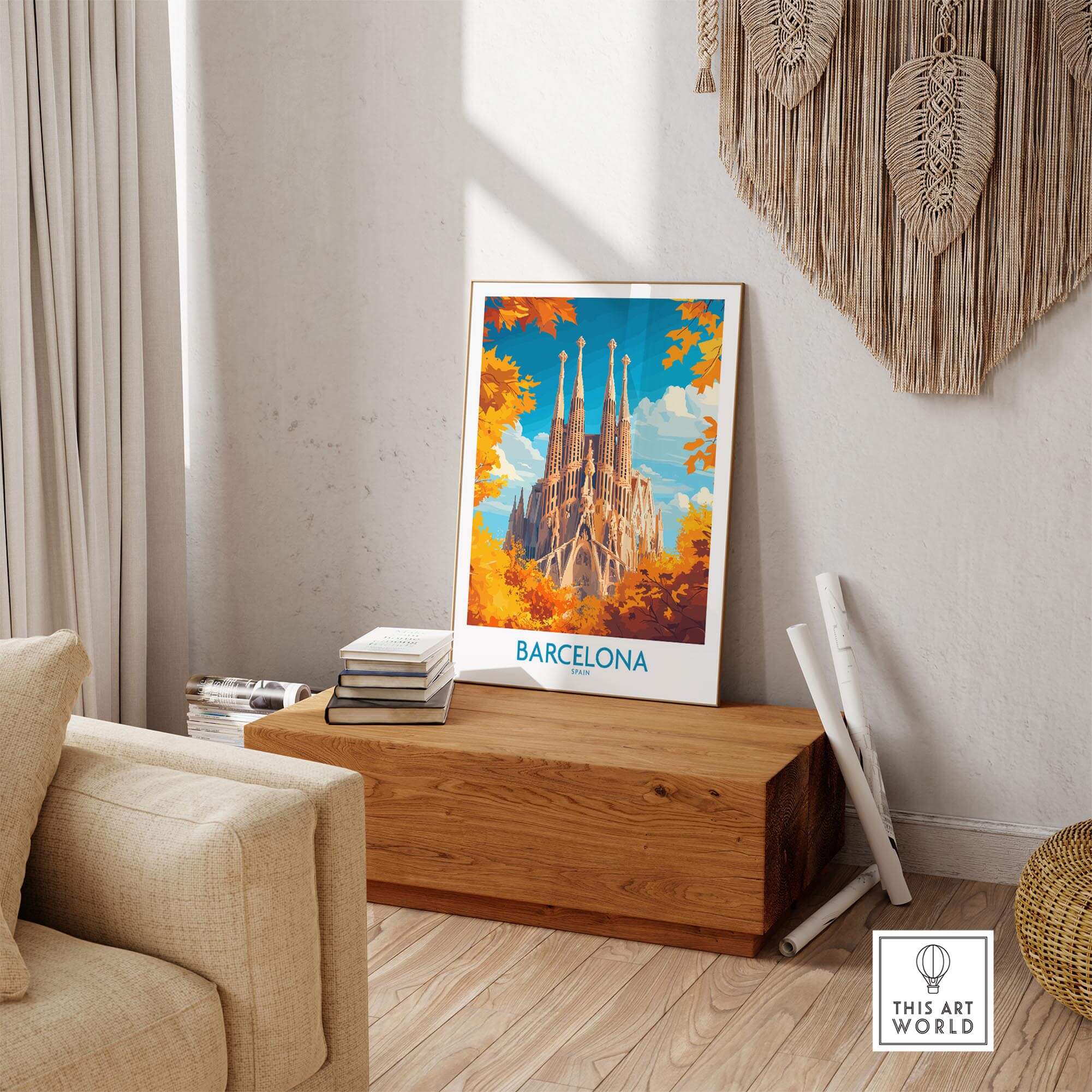 Barcelona Travel Poster featuring the Sagrada Familia, vibrant wall art in a stylish interior setting.