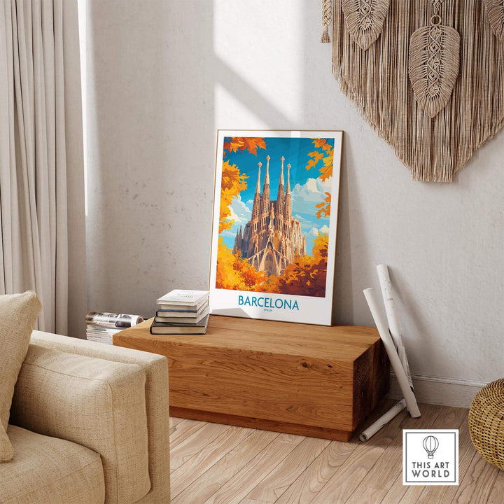 Barcelona travel poster featuring Sagrada Familia, bright colors, and displayed in a cozy living room setting.