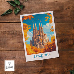 Barcelona Travel Poster featuring the Sagrada Familia surrounded by colorful autumn leaves.