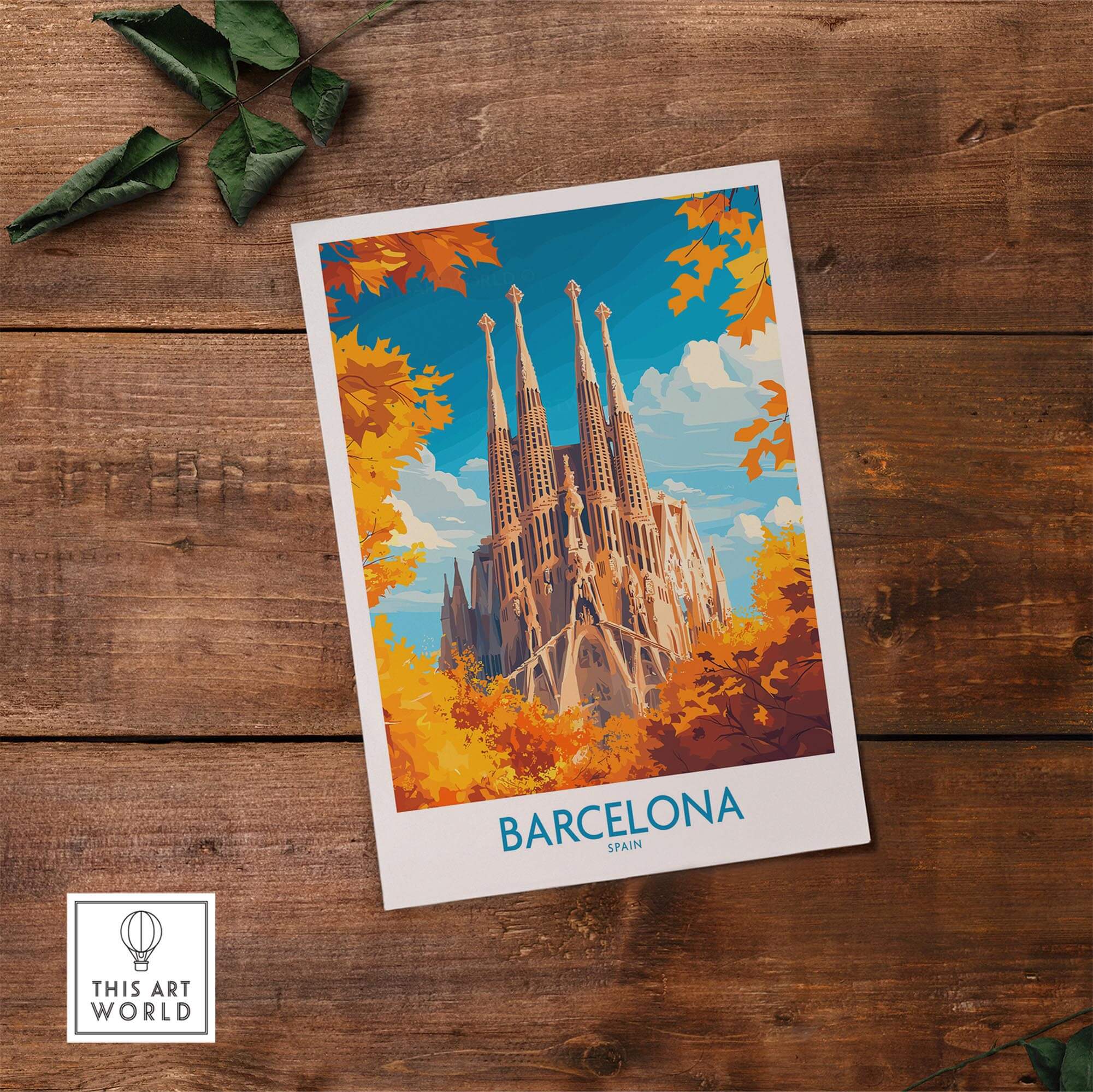 Barcelona Travel Poster featuring the Sagrada Familia surrounded by colorful autumn leaves.