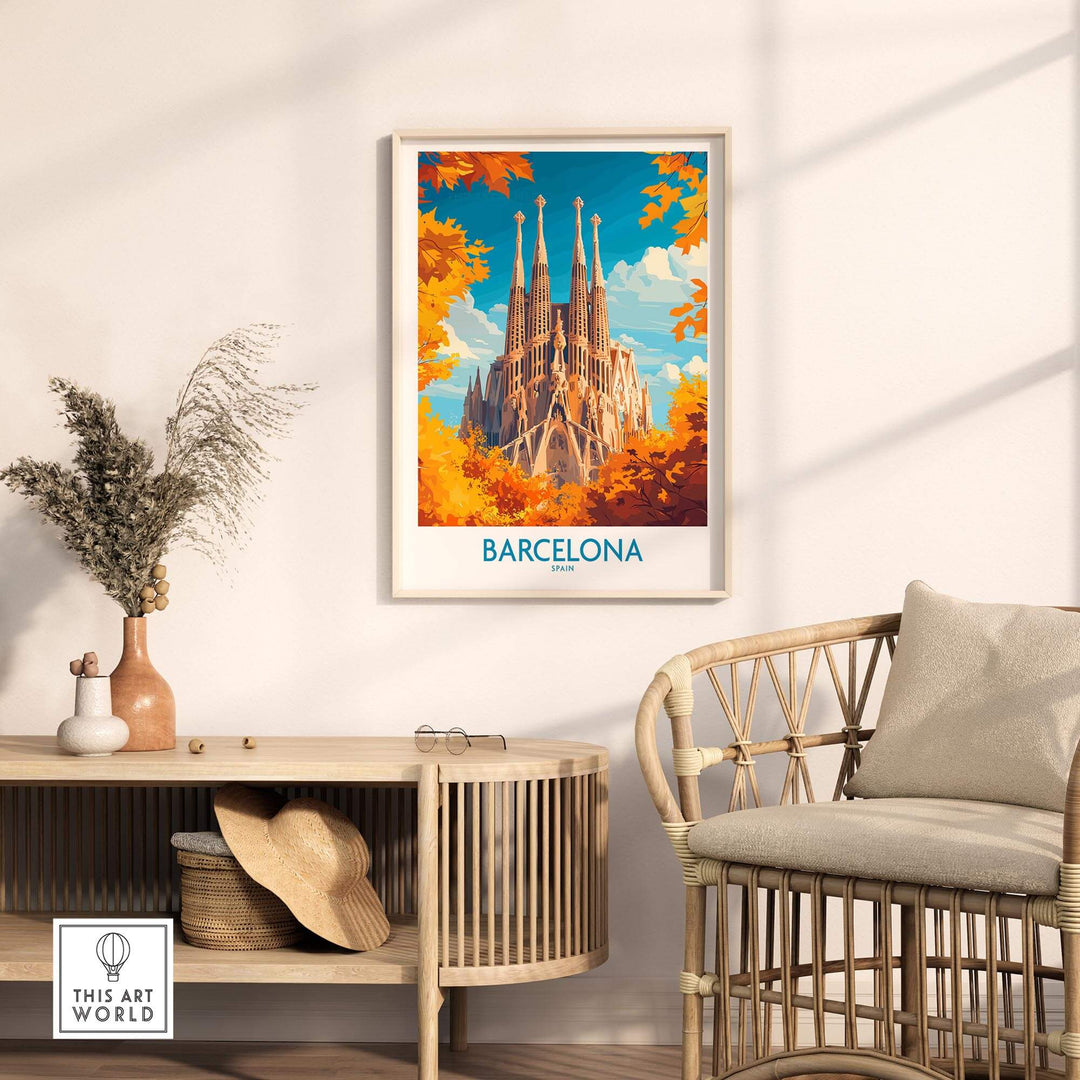 Barcelona travel poster featuring Sagrada Familia, vibrant colors, perfect for Spain enthusiasts and wall art decoration.