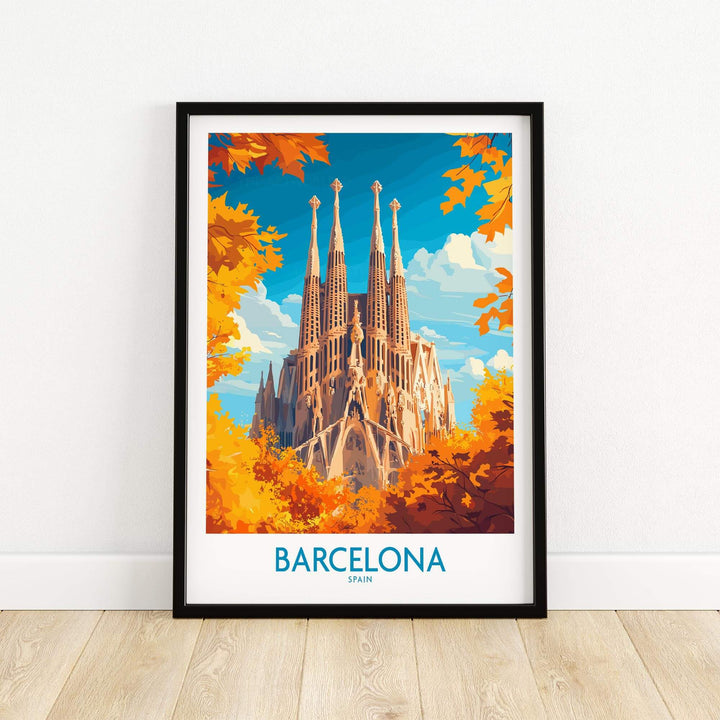 Barcelona travel poster featuring Sagrada Familia surrounded by autumn leaves, vibrant art for Spain enthusiasts.