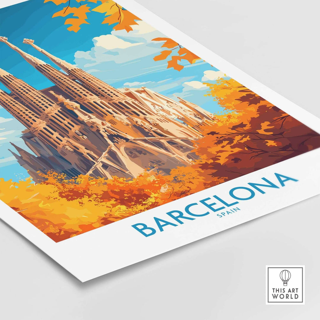 Barcelona travel poster featuring Sagrada Familia, vibrant colors and autumn leaves, perfect wall art for Spain enthusiasts.