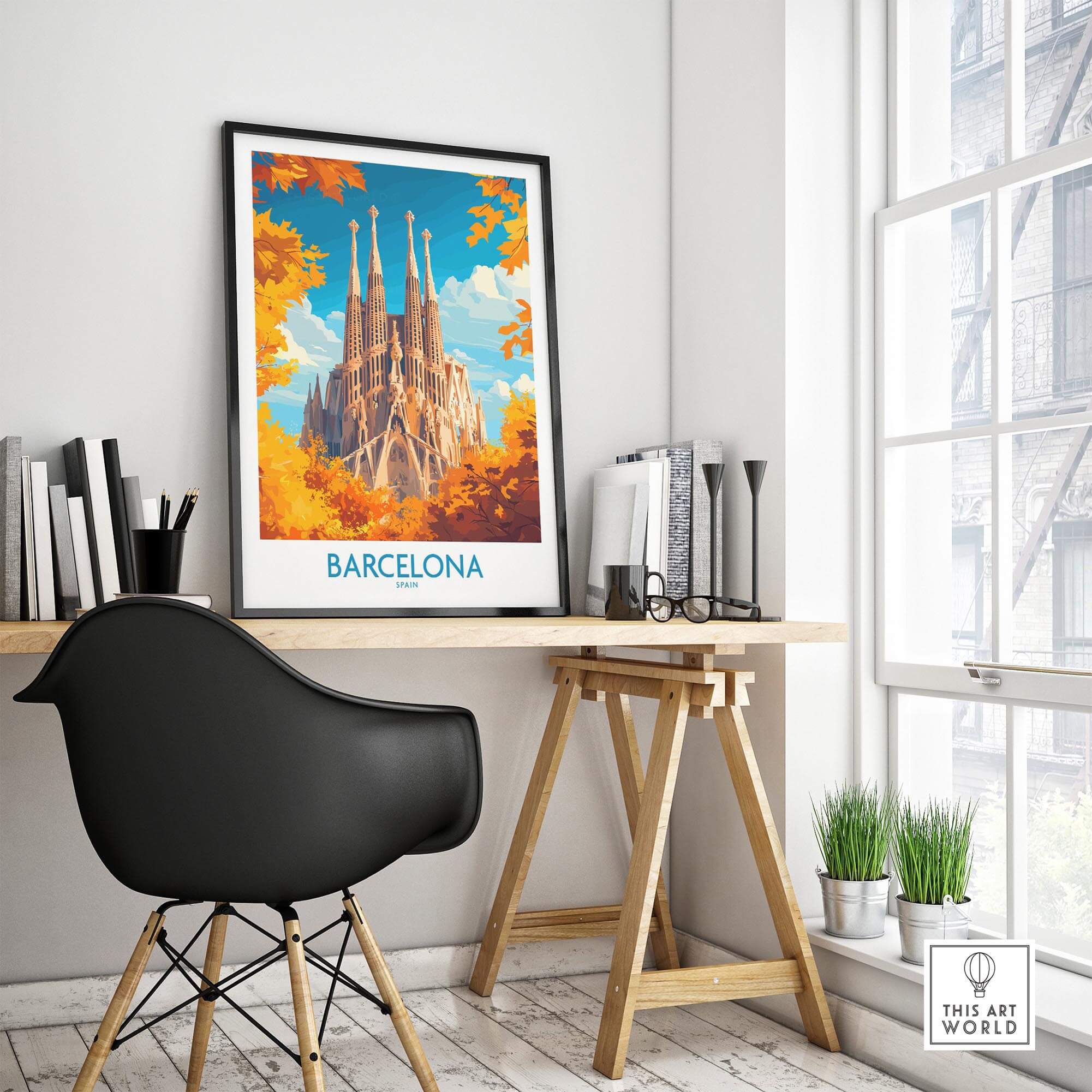 Barcelona Travel Poster featuring Sagrada Familia, vibrant wall art for Spain enthusiasts in a stylish workspace.