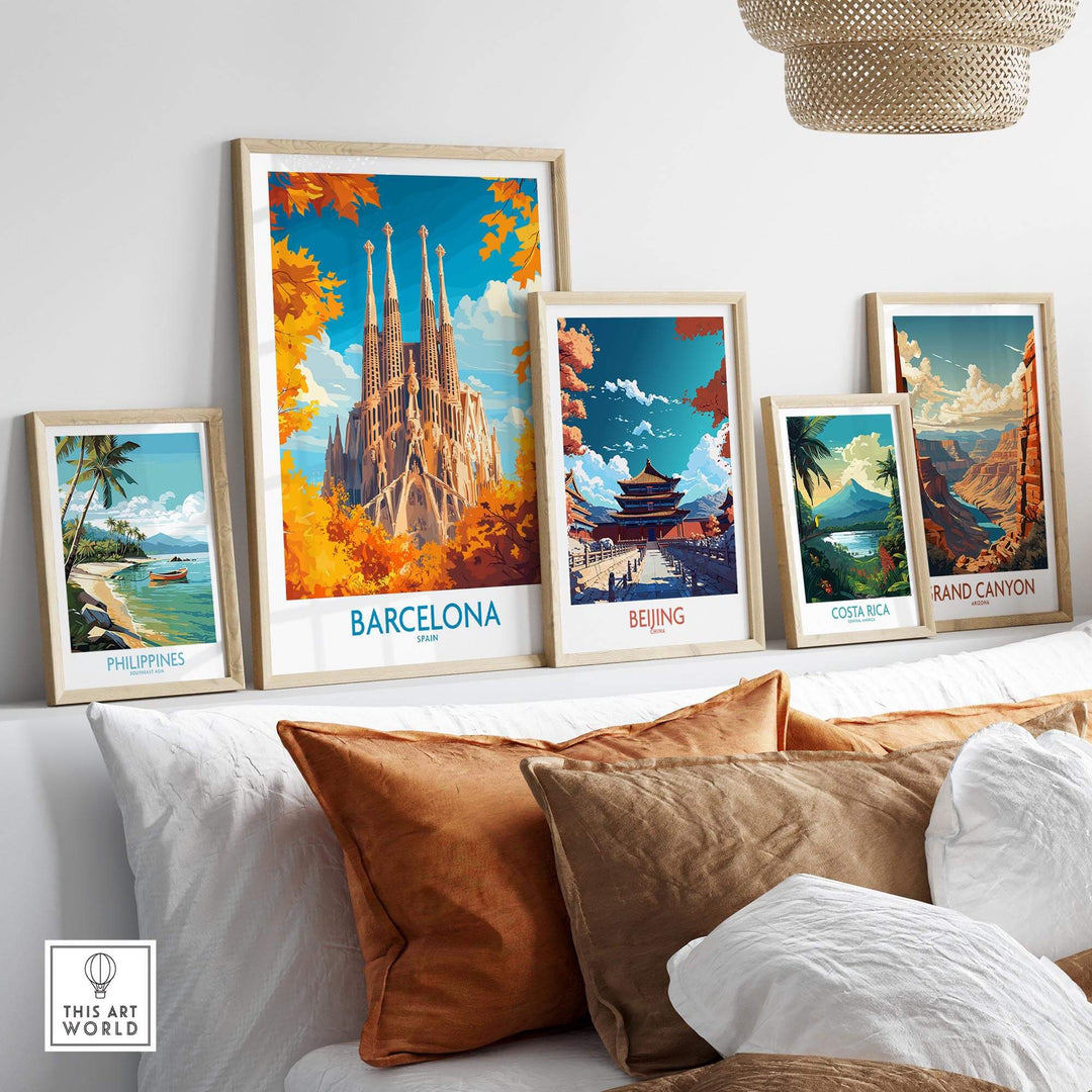 Barcelona travel poster featuring Sagrada Familia among other travel art prints on a stylish shelf.