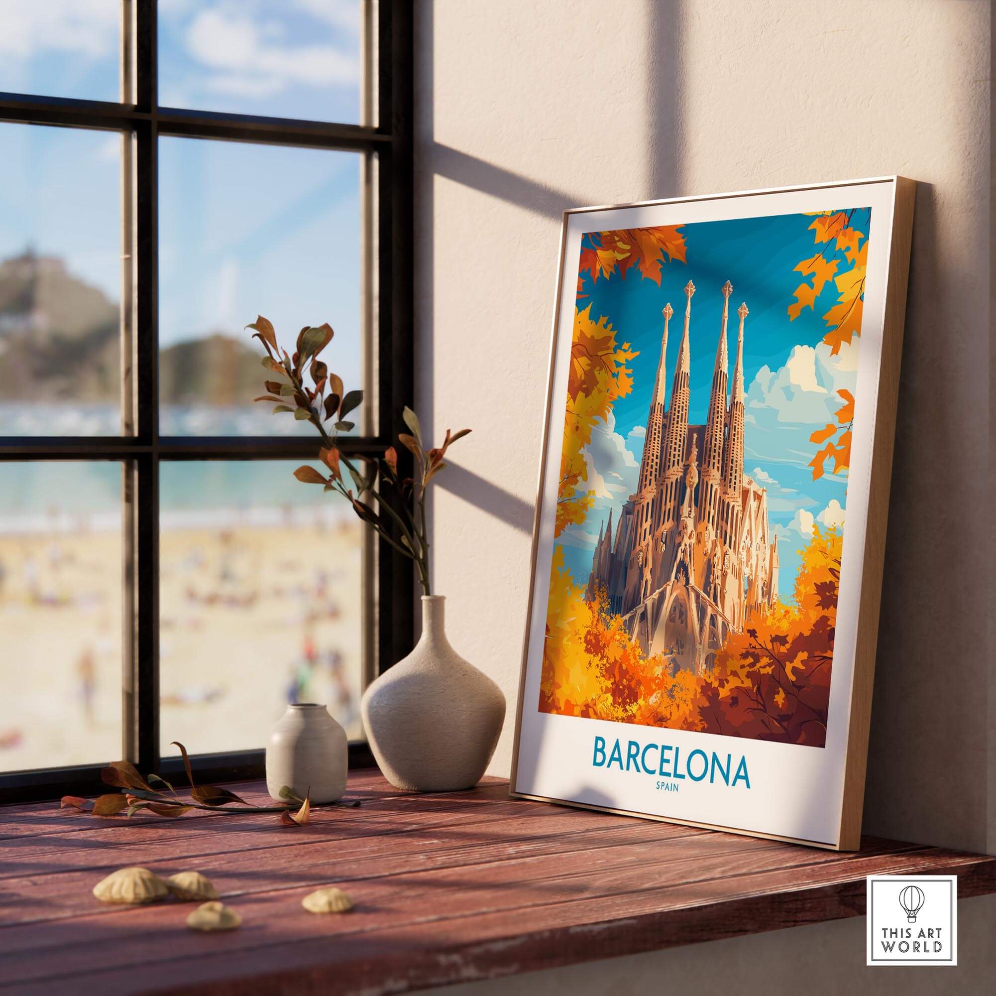 Barcelona Travel Poster featuring Sagrada Familia in autumn colors, perfect for bringing a vibrant Spain vibe to your decor.