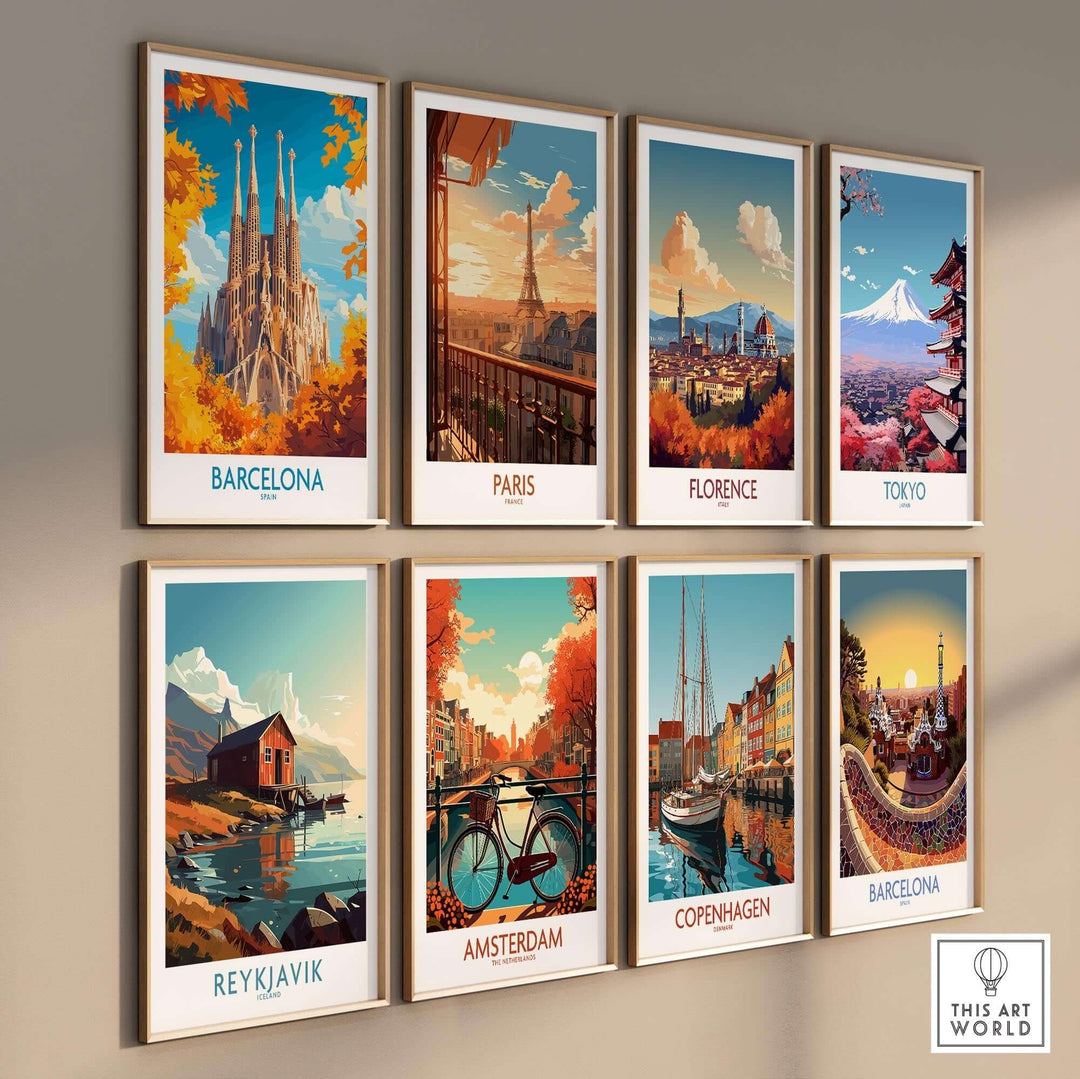 Colorful travel posters of Barcelona, Paris, Florence, Tokyo, Reykjavik, Amsterdam, Copenhagen showcasing iconic landmarks.