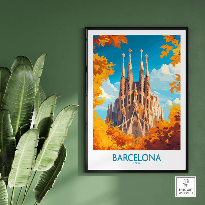 Barcelona travel poster featuring Sagrada Familia, vibrant colors, and fall foliage on a green wall backdrop.